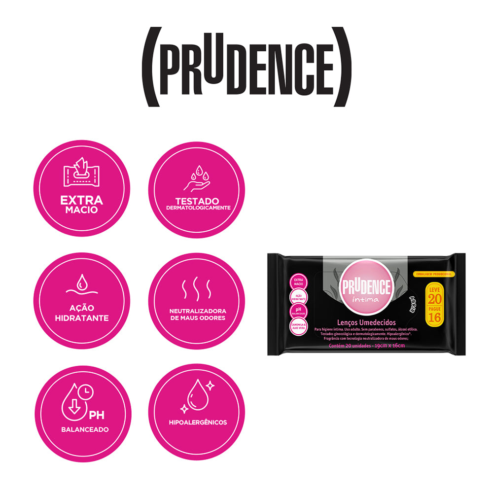 Lenço Umedecido Prudence Íntima com 20 unidades